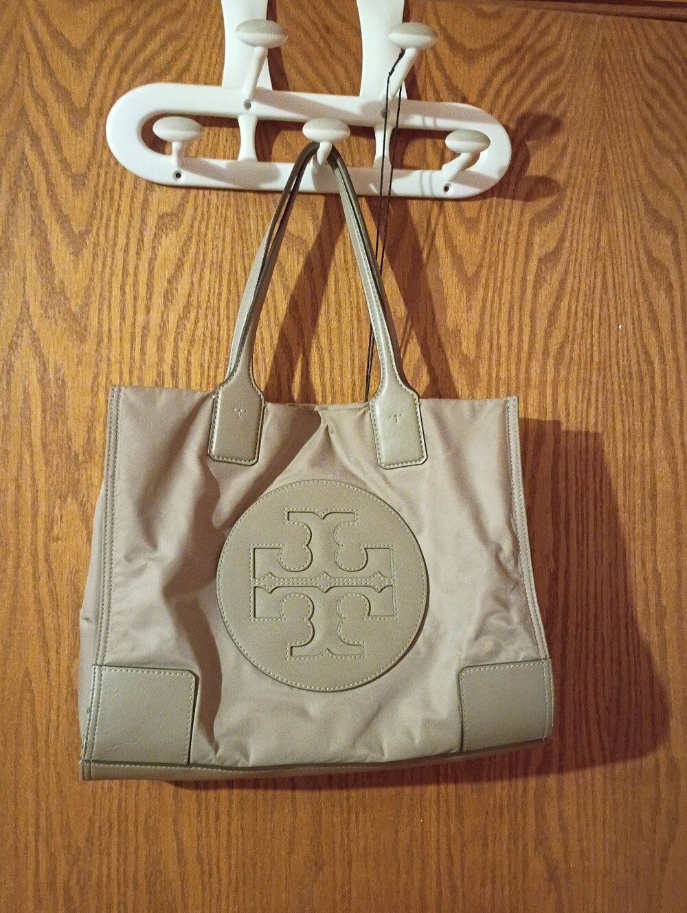 Tory Burch Taupe Nylon Tote with Logo Medallion